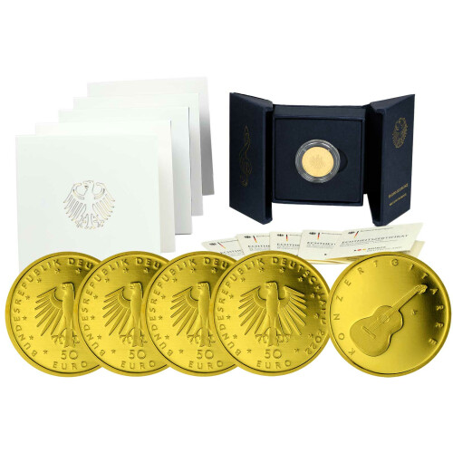 5 x 50 Euro Goldmünze Deutschland 2022 - "Konzertgitarre" - Serie: Musikinstrumente - Set: ADFGJ