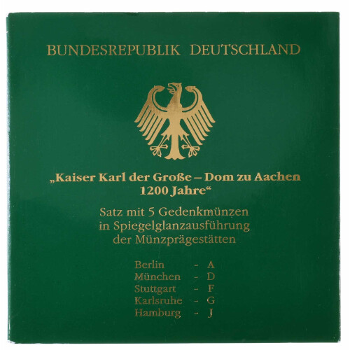 5 x 10 DM Gedenkmünze 2000 PP - 1200 Jahre Aachener Dom/Karl der Große - A D F G J