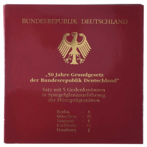 5 x 10 DM Gedenkmünze 1999 PP - 50 Jahre Grundgesetz für die BRD - A D F G J