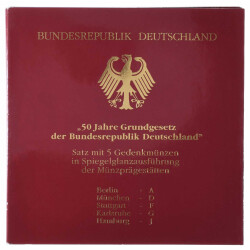 5 x 10 DM Gedenkmünze 1999 PP - 50 Jahre Grundgesetz für die BRD - A D F G J