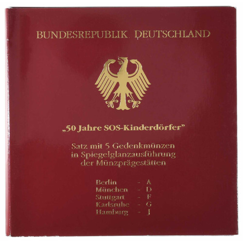 5 x 10 DM Gedenkmünze 1999 PP - 50 Jahre SOS - Kinderdörfer - A D F G J