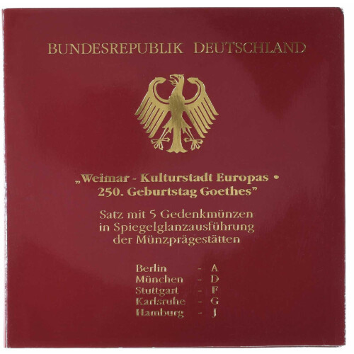 5 x 10 DM Gedenkmünze 1999 PP - Weimar/Goethe - A D F G J