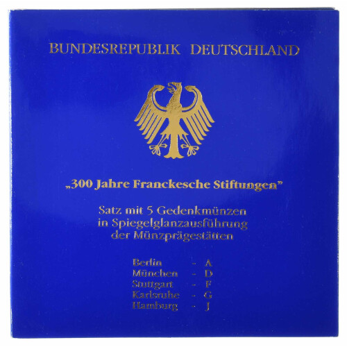 5 x 10 DM Gedenkmünze 1998 PP - 300 Jahre Franckesche Stiftungen - A D F G J