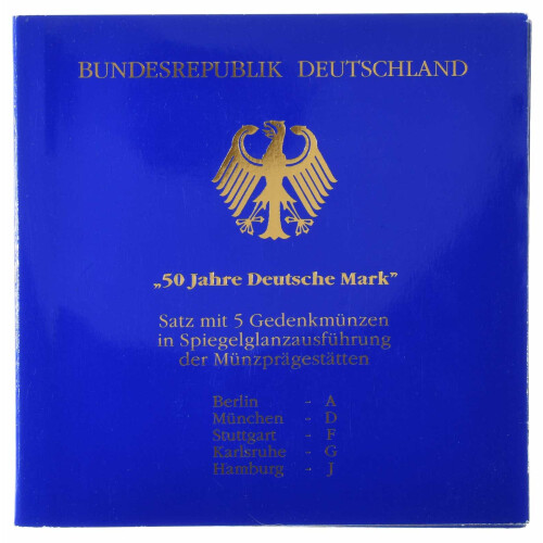 5 x 10 DM Gedenkmünze 1998 PP - 50 Jahre Deutsche Mark - A D F G J