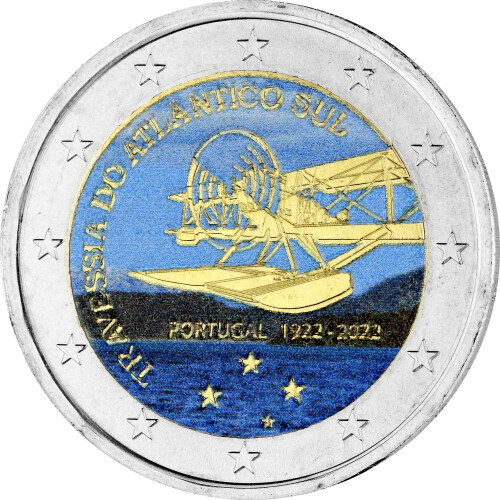 2 Euro Portugal 2022 - 100 Jahre Überquerung Südatlantik - coloriert / mit Farbe