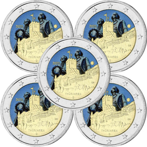 5 x 2 Euro Deutschland 2022 - Wartburg Eisenach (A-J) - coloriert / mit Farbe