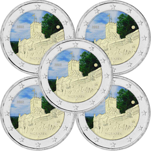 5 x 2 Euro Deutschland 2022 - Wartburg Eisenach (A-J) - coloriert / mit Farbe