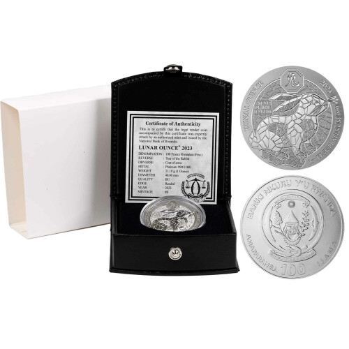 100 Francs Ruanda 2023 - 1 Unze Platin BU - Lunar: Jahr des Hasen