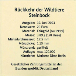 20 Euro Goldmünze "Steinbock" - Deutschland 2023 - Serie "Rückkehr der Wildtiere" - D  München