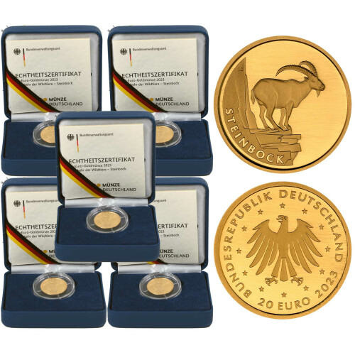 5 x 20 Euro Goldmünze "Steinbock" - Deutschland 2023 - Serie "Rückkehr der Wildtiere" - Set ADFGJ