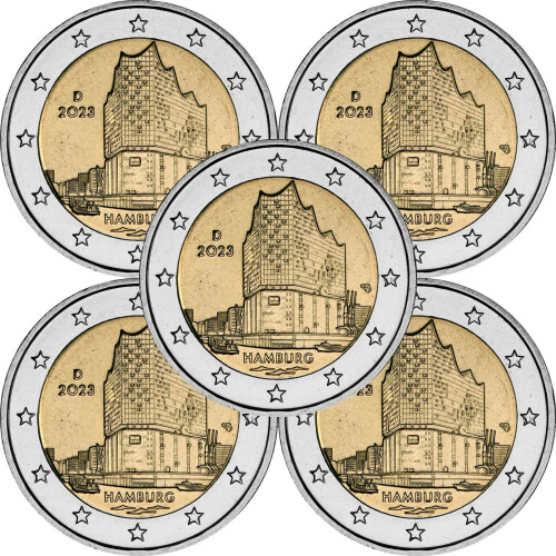 5 x 2 Euro Gedenkmünze Deutschland 2023 bfr. - Elbphilharmonie (A-J)