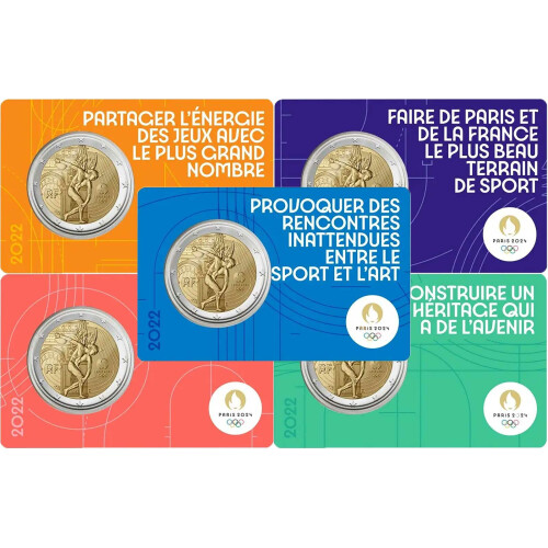 5 x 2 Euro Gedenkmünze Frankreich 2022 st - Olympia Diskuswerfen - 5 Blister