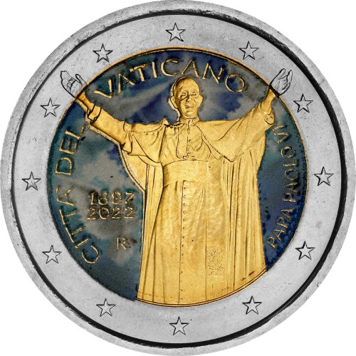 2 Euro Vatikan 2022 - Papst Paul VI. - coloriert / mit Farbe