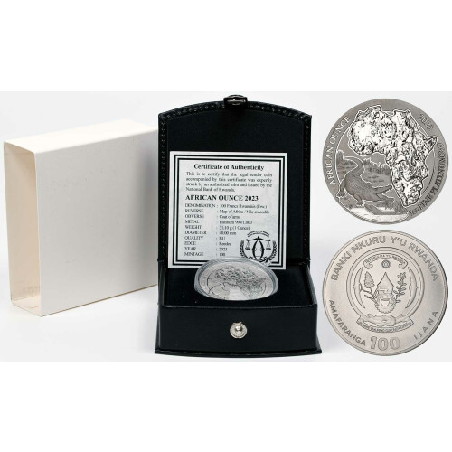 100 Francs Ruanda 2023 - 1 Unze Platin BU - African Ounce: Nilkrokodil