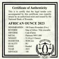 100 Francs Ruanda 2023 - 1 Unze Platin BU - African Ounce: Nilkrokodil