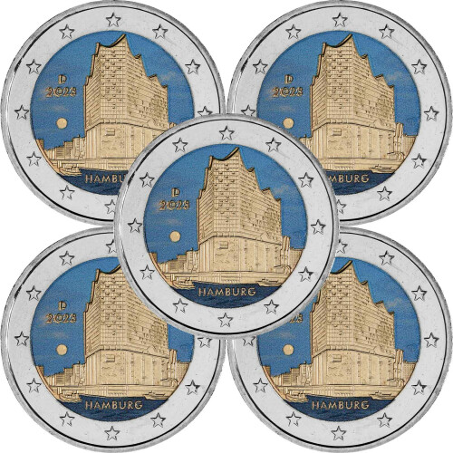 5 x 2 Euro Deutschland 2023 - Elbphilharmonie (A-J) - coloriert / mit Farbe