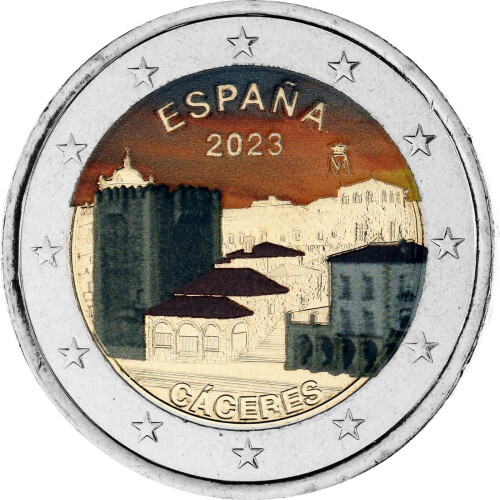 2 Euro Spanien 2023 - UNESCO Altstadt von Caceres - coloriert / mit Farbe