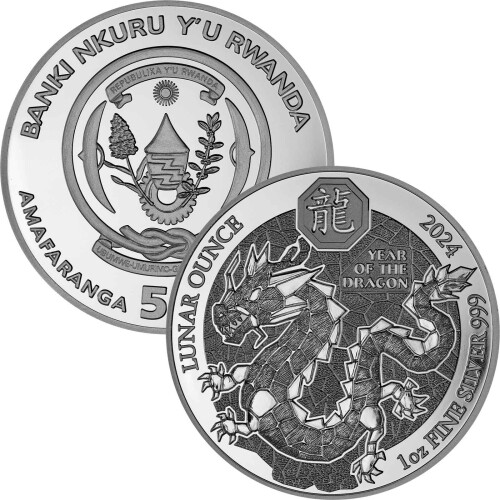 50 Francs Ruanda 2024 - 1 Unze Silber BU - Lunar: Jahr des Drachen