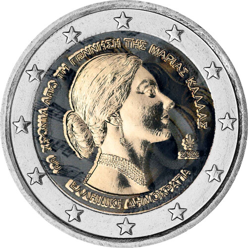 2 Euro Griechenland 2023 - 100. Geburtstag Maria Callas - coloriert / mit Farbe