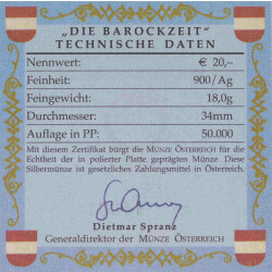 20 Euro Gedenkmünze Österreich 2002 Silber PP - Der Barock