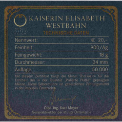 20 Euro Gedenkmünze Österreich 2008 Silber PP - Kaiserin-Elisabeth-Westbahn