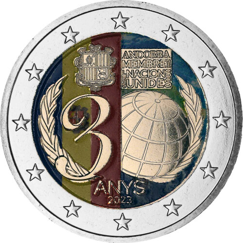 2 Euro Andorra 2023 -  30 Jahre UN-Beitritt - coloriert / mit Farbe