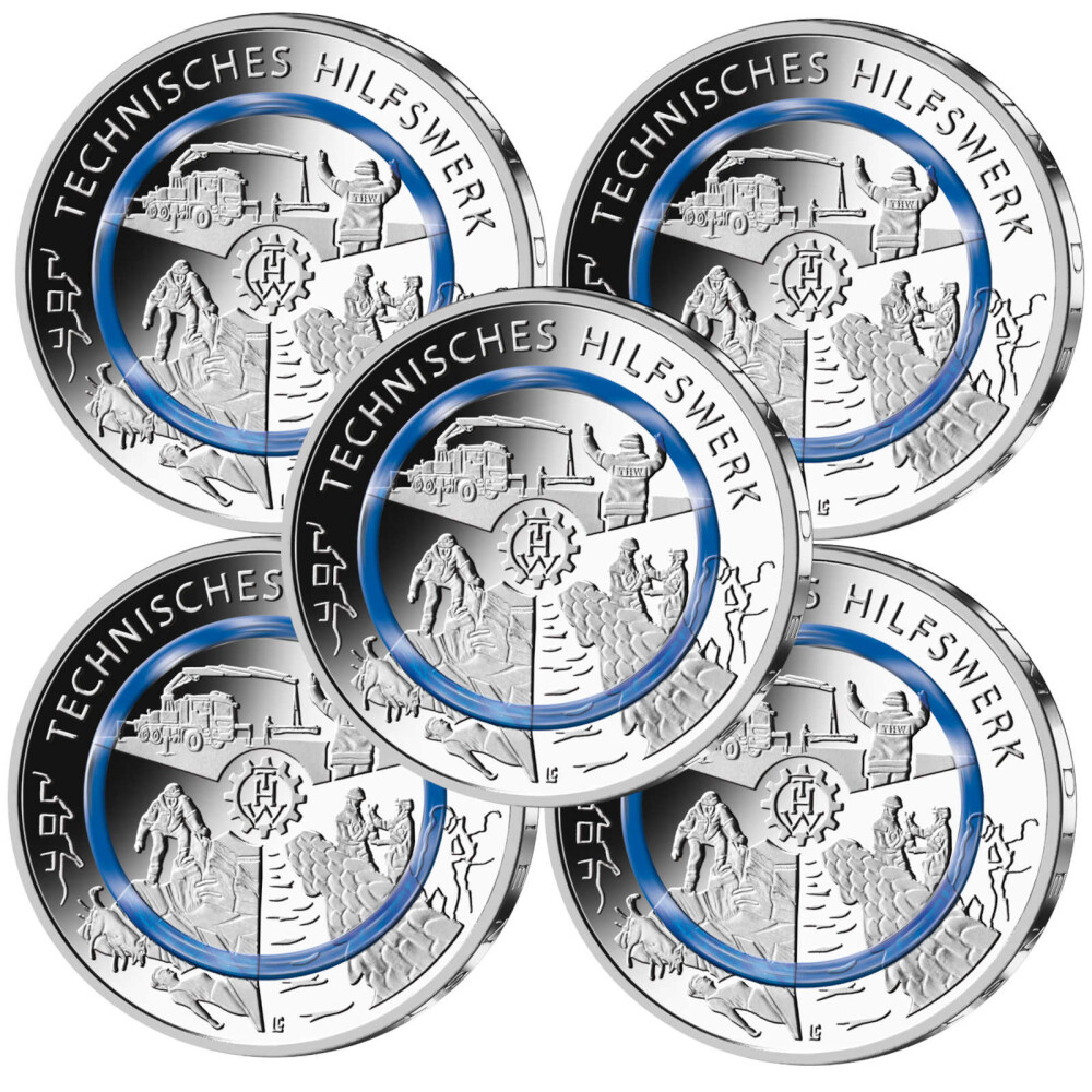 5 x 10 Euro Gedenkmünze Deutschland 2025 bfr. THW ADFGJ