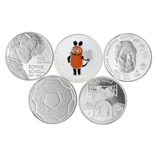 Jahressatz: 5 x 20 Euro Gedenkmünze Deutschland 2021 Silber bankfrisch - komplett!