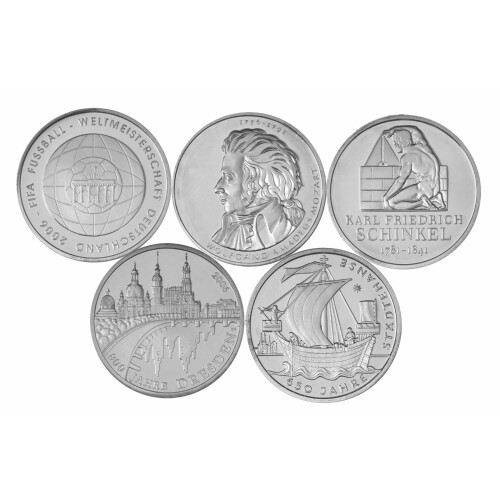 Jahressatz: 5 x 10 Euro Deutschland 2006 Silber bfr. - Alle fünf Ausgaben!