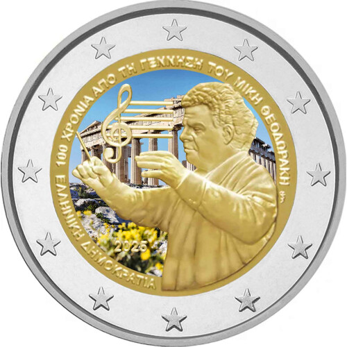 2 Euro Griechenland 2025 - Mikis Theodorakis - coloriert / mit Farbe