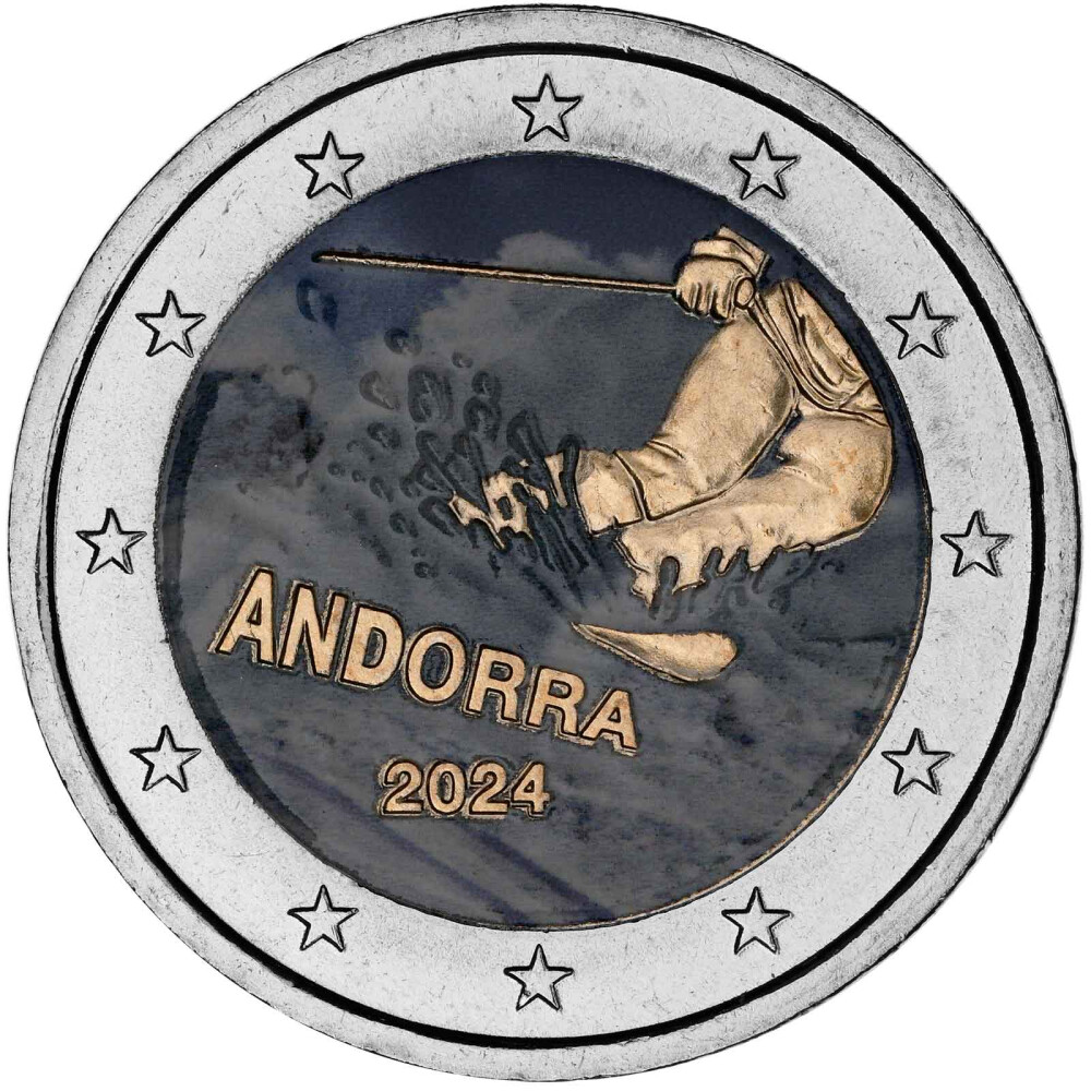2 Euro Andorra 2024 - 100 Jahre Skisport - coloriert / mit Farbe