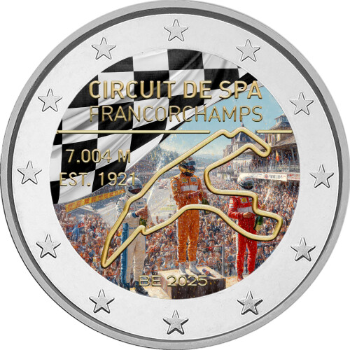 2 Euro Belgien 2025 - Rennstecke Spa - coloriert / mit Farbe