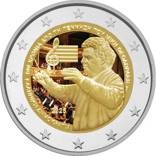 2 Euro Griechenland 2025 - Mikis Theodorakis - coloriert / mit Farbe