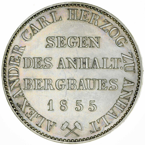 Anhalt-Bernburg 1 Taler Ausbeutetaler 1855 A Alexander Carl Bergbau ss/vz KM#84