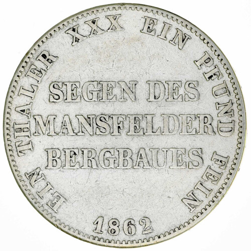 Preußen 1 Taler Vereinstaler 1862 A Wilhelm I. Mansfelder Bergbau ss/vz KM#490