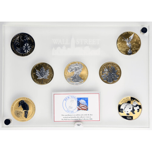 Wall Street Silver Collection 2008 - 7 x 1 Unze Silber mit Goldapplikation