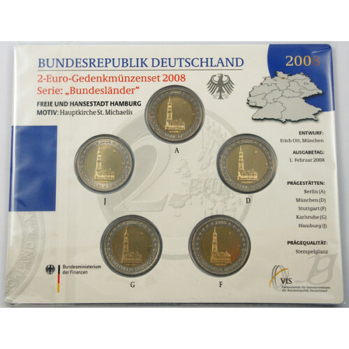 5 x 2 Euro Gedenkmünze Deutschland 2008 st - Michel - im Blister