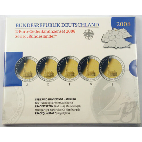 5 x 2 Euro Gedenkmünze Deutschland 2008 PP - Michel - im Blister