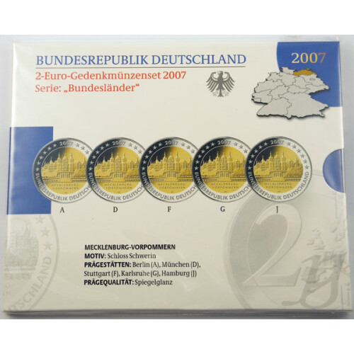 5 x 2 Euro Gedenkmünze Deutschland 2007 PP - Schwerin - im Blister