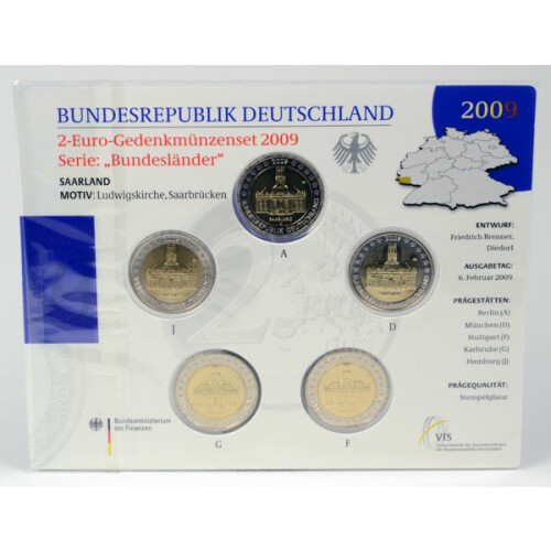 5 x 2 Euro Gedenkmünze Deutschland 2009 st - Ludwigskirche - im Blister