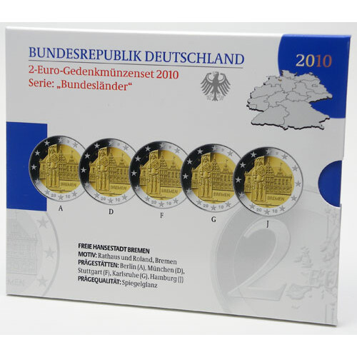 5 x 2 Euro Gedenkmünzen Deutschland 2010 PP - Rathaus mit Roland - im Blister