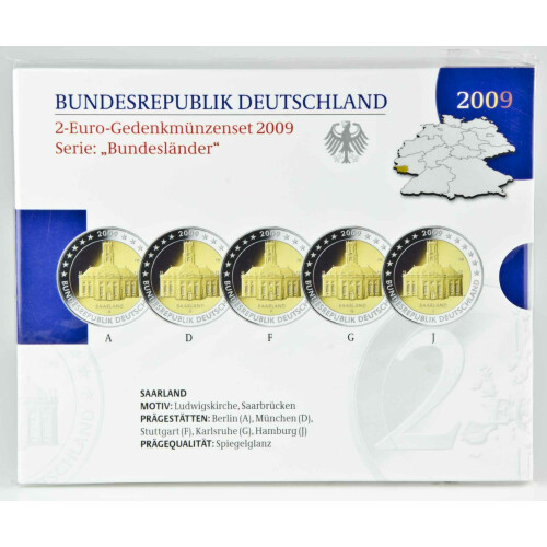 5 x 2 Euro Gedenkmünze Deutschland 2009 PP - Ludwigskirche - im Blister
