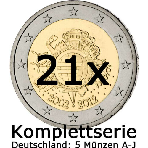 Komplettserie - 21 x 2 Euro Gedenkmünze 2012 - 10 Jahre Bargeld