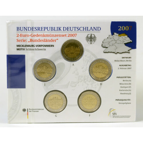5 x 2 Euro Gedenkmünze Deutschland 2007 st - Schwerin - im Blister