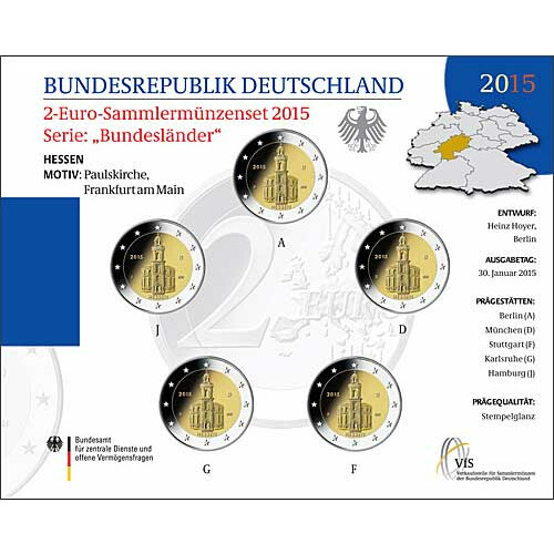5 x 2 Euro Gedenkmünze Deutschland 2015 st - Paulskirche - im Blister