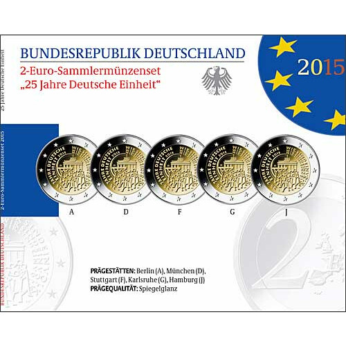 5 x 2 Euro Gedenkmünze Deutschland 2015 PP - 25 Jahre Einheit - im Blister