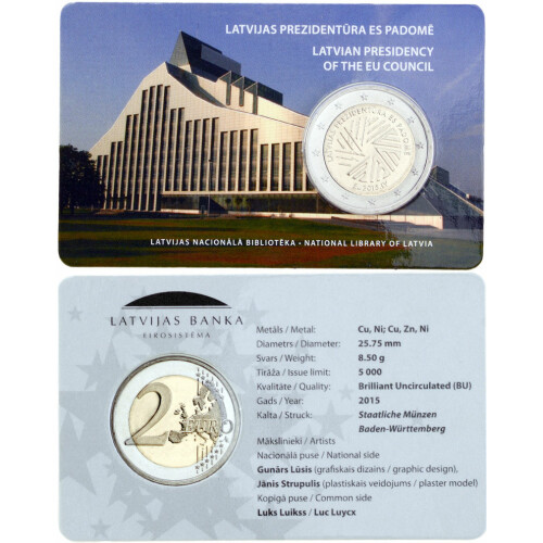2 Euro Gedenkmünze Lettland 2015 st - EU-Ratspräsidentschaft in CoinCard