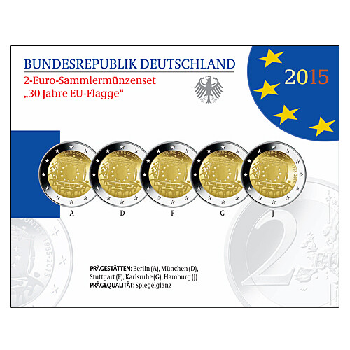 5 x 2 Euro Gedenkmünze Deutschland 2015 PP - 30 Jahre EU-Flagge - im Blister