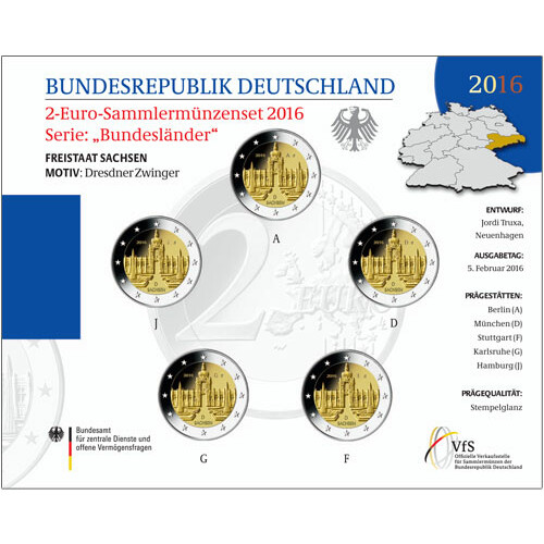 5 x 2 Euro Gedenkmünze Deutschland 2016 st - Dresdner Zwinger - im Blister