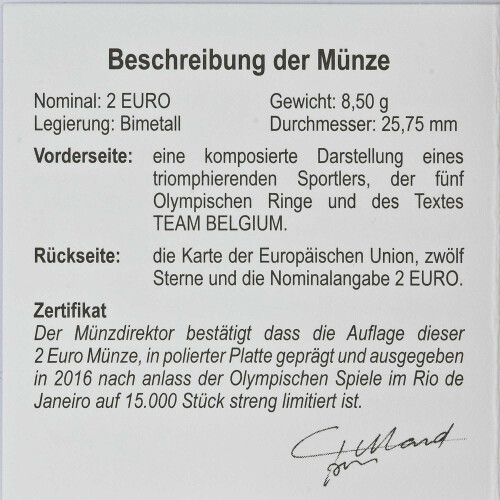 2 Euro Gedenkmünze Belgien 2016 PP - Olymische Spiele -...